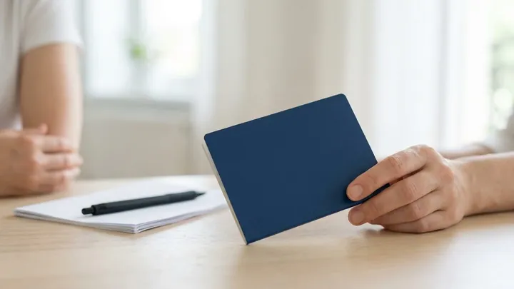 Hands holding a passport and documents